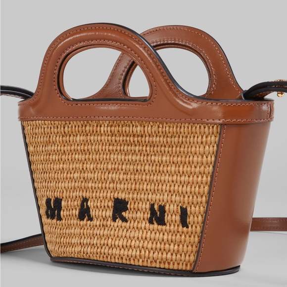 Marni Tropicalia Micro Bag in brown leather and raffia-effect fabric - Picture 4 of 9